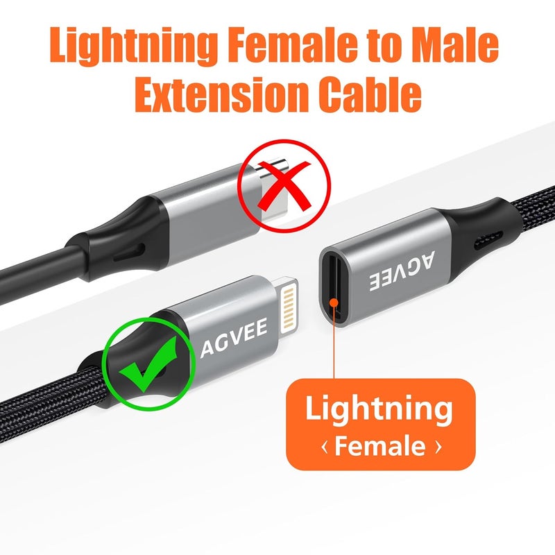 AGVEE 2 Pack 4 inch Lightning Extension Cable, Braided Female to Male Extender Full Function Cord Compatible with iPhone iPad, Data Sync Video Audio & Charging Connector Adapter, Dark Gray - Image 2